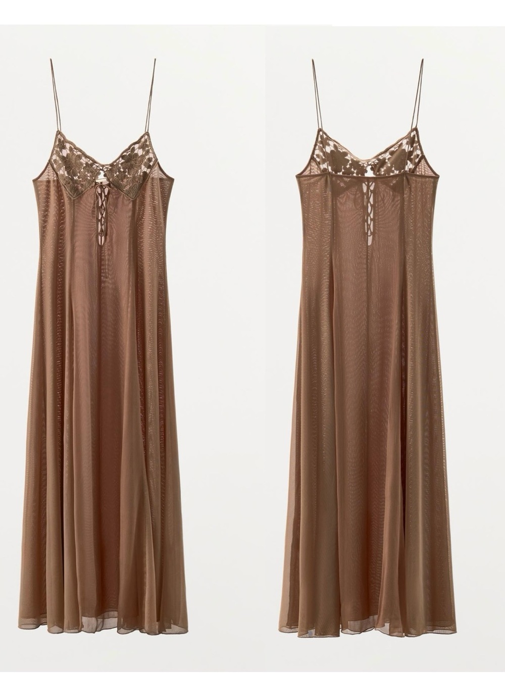 ZARA Lace Bust Sheer Maxi Dress Taupe Brown Size L NWT Resort Beach Boho - Picture 4 of 15